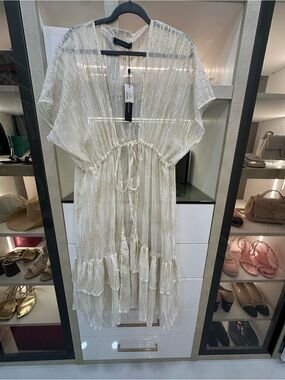 BCBGMaxAzria Natural Cream Chiffon Dress with Gold Lurex Stripes Size O/S